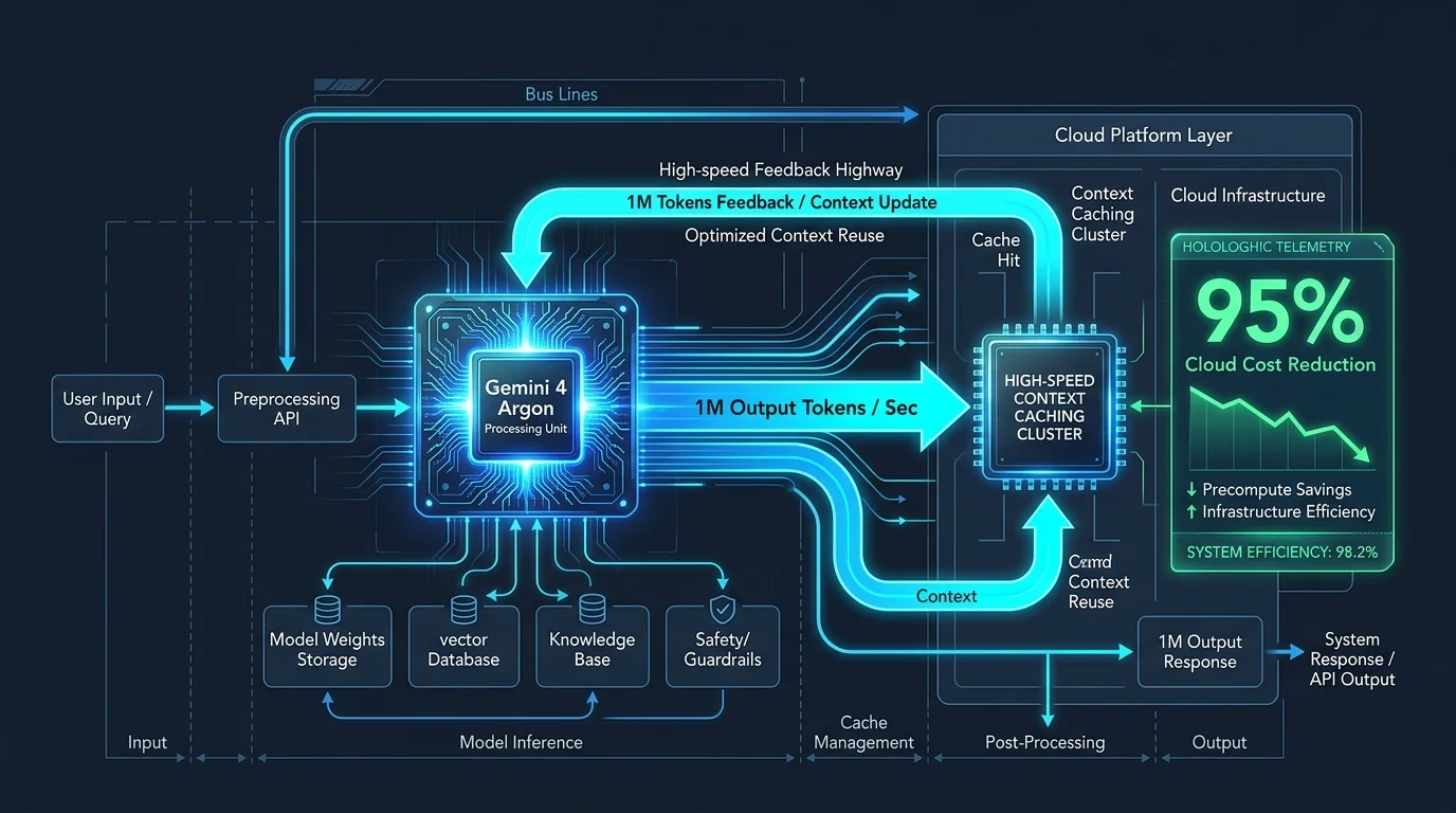 Gemini 4 Argon mô tả sơ đồ khối luồng dữ liệu một triệu token và bộ nhớ đệm